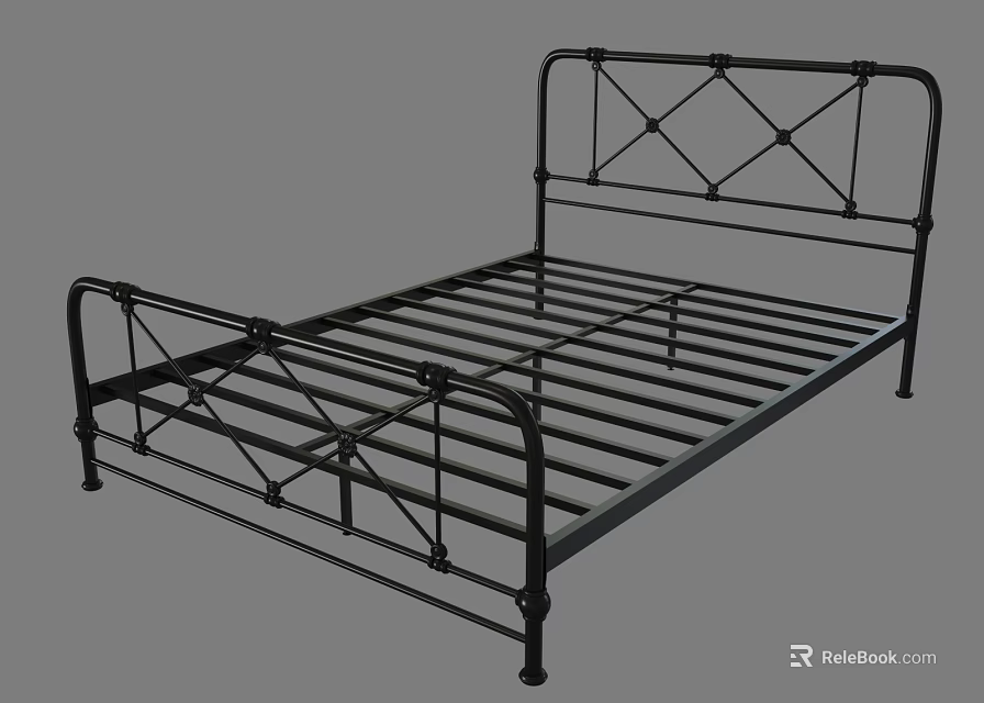 Black Metal Double Bed Frame With Geometric Pattern Headboard And Modern Design 3d model 
