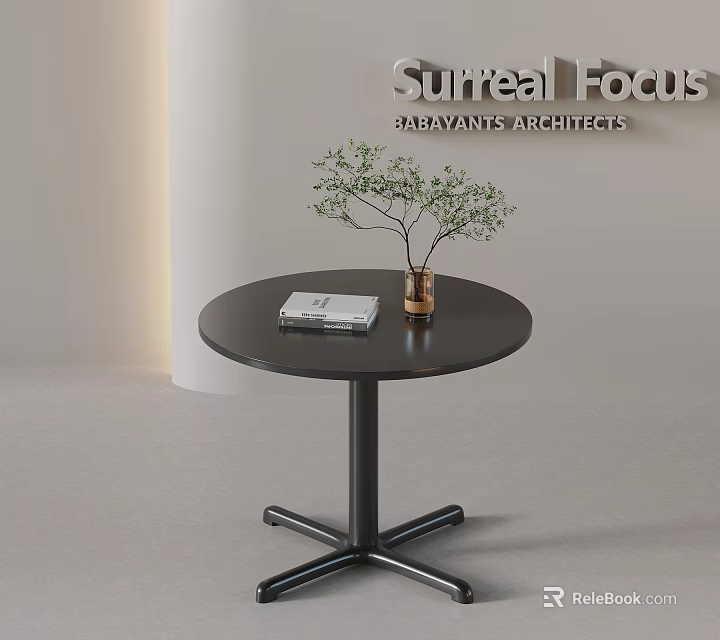 Surreal Modern Interior With Black Round Table Brown Vase Green Plant And Magazine 3d model 