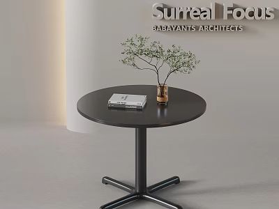 Surreal Modern Interior With Black Round Table Brown Vase Green Plant And Magazine 3d model