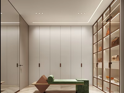Elegant Modern Walk-in Closet Interior With Cabinets And Open Shelves 3d model