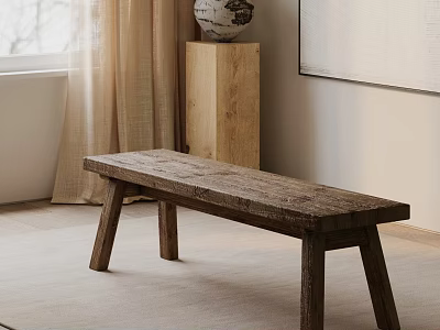 Rustic Wooden Bench in Cozy Indoor Space with Curtains and Wall Art 3d model
