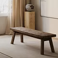 Rustic Wooden Bench in Cozy Indoor Space with Curtains and Wall Art