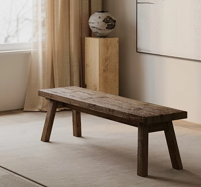 Rustic Wooden Bench in Cozy Indoor Space with Curtains and Wall Art 3d model