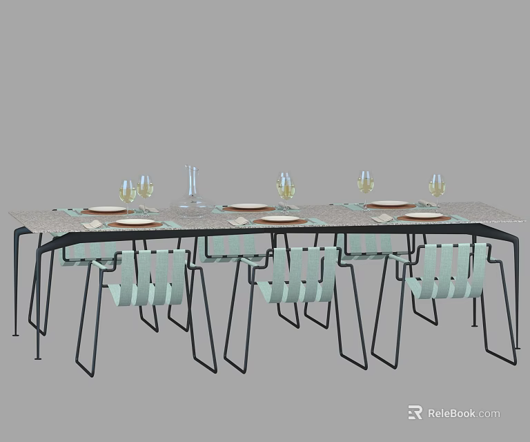 Modern Dining Table Set With Black Metal Legs And Light Green Chairs 3d model 