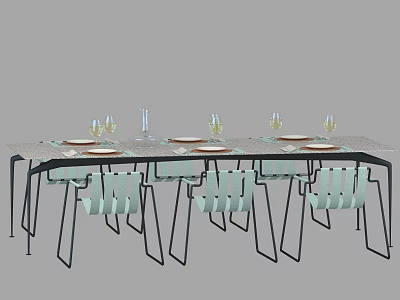 Modern Dining Table Set With Black Metal Legs And Light Green Chairs 3d model