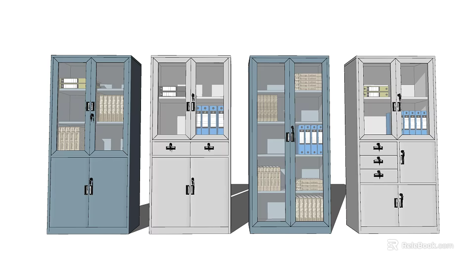 Various Style Bookcases In Blue Gray With Glass Cabinet Doors And Organized Files 3d model 