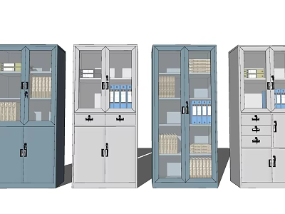 Various Style Bookcases In Blue Gray With Glass Cabinet Doors And Organized Files 3d model