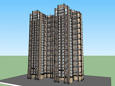 High Rise Residential Building With Multiple Towers Glass Windows Stone Base Blue Sky Green Ground 3d model
