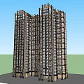 High Rise Residential Building With Multiple Towers Glass Windows Stone Base Blue Sky Green Ground