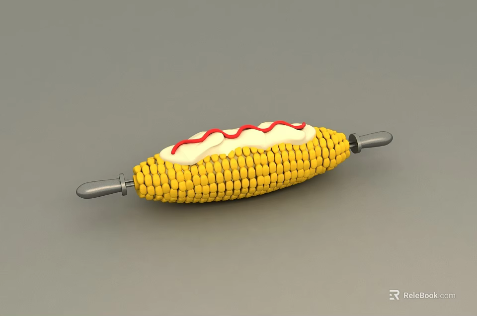 Fresh Yellow Corn Cob With Metal Skewers And Red White Sauce 3d model 