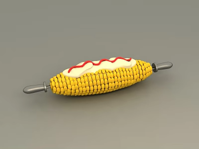 Fresh Yellow Corn Cob With Metal Skewers And Red White Sauce 3d model