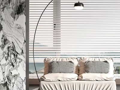 Cream Lazy Sofa with Checkered Pillows Blinds Sea View Arched Floor Lamp and Marble Wall 3d model