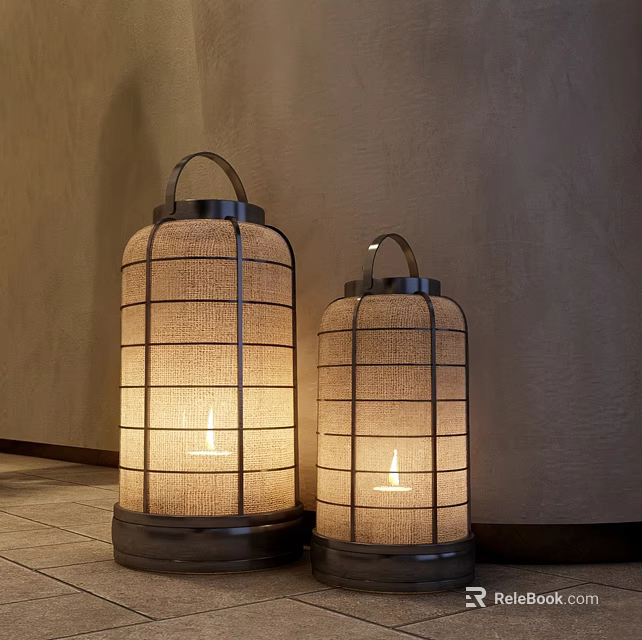 Illuminated Outdoor Lantern Lights With Metal Frame And Burlap Shade For Patio 3d model 