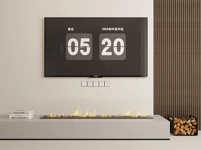 Modern White Fireplace with Flame Effect Books and Wood Basket Near Striped Brown Wall 3d model