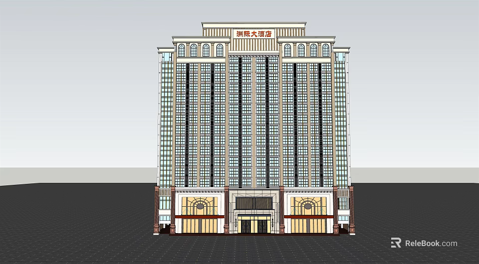 Traditional Chinese Style Hotel Building With High Rise Structure Symmetrical Facade And Golden Entrance Decorations 3d model 