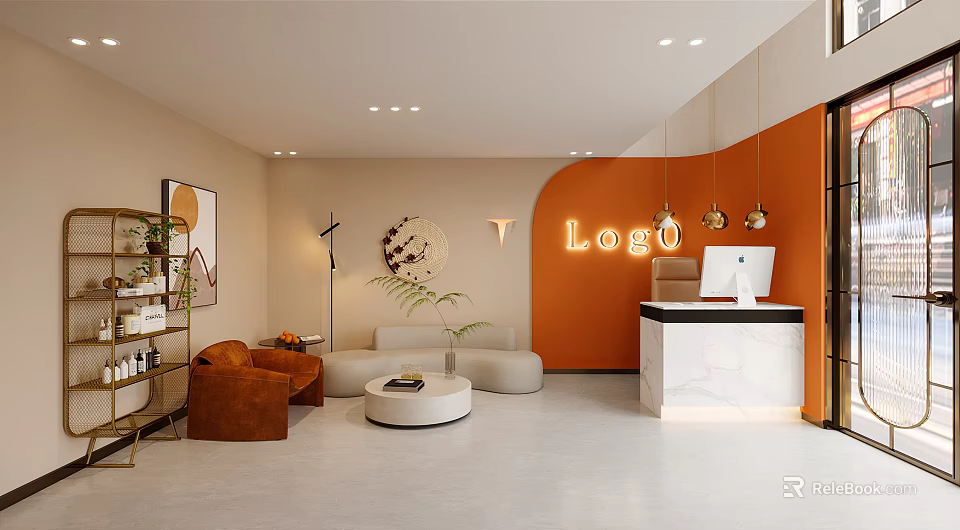 Modern Beauty Hair Salon Interior With Orange Wall Comfortable Sofa Round Coffee Table Pendant Lights 3d model 