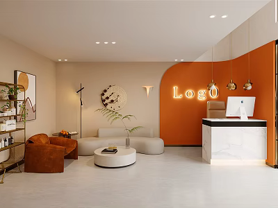Modern Beauty Hair Salon Interior With Orange Wall Comfortable Sofa Round Coffee Table Pendant Lights 3d model