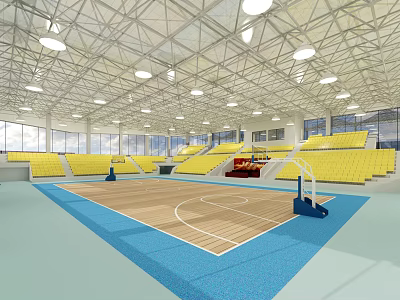 Spacious Basketball Gym With Wooden Court Blue Floor Yellow Seats And Lighting 3d model