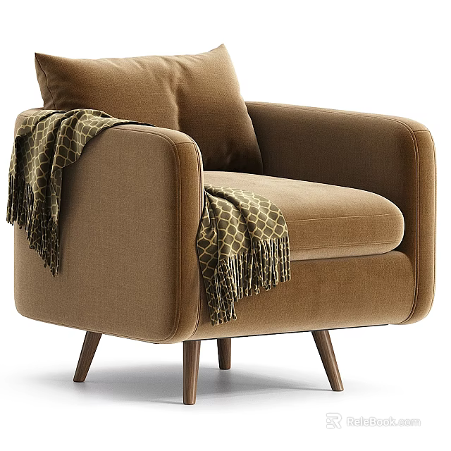 Brown Single Sofa with Cushion and Patterned Throw Blanket on Wooden Legs 3d model
