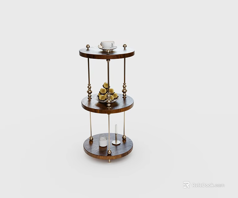 Three Tiered Wooden Side Table With Metal Accents And Decorative Items On Top 3d model 