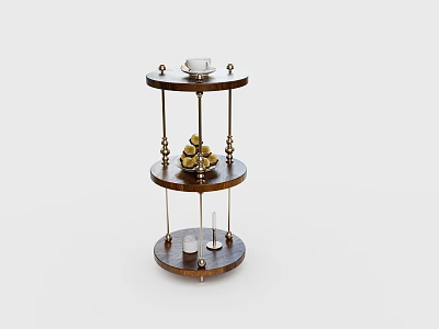 Three Tiered Wooden Side Table With Metal Accents And Decorative Items On Top 3d model