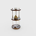 Three Tiered Wooden Side Table With Metal Accents And Decorative Items On Top
