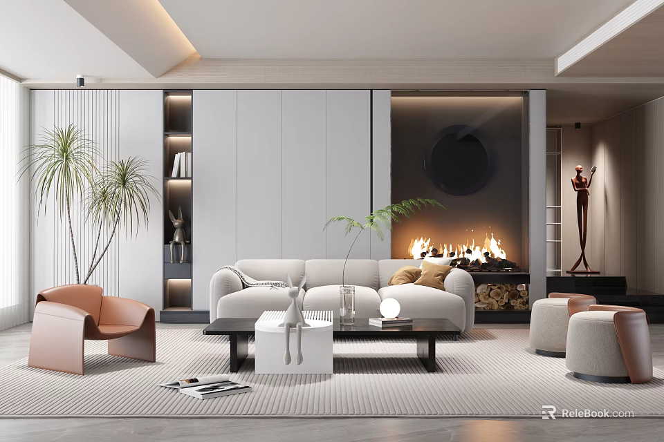 Modern Living Room Interior With White Sofa Coffee Table Fireplace Potted Plants And Circular Decor 3d model 