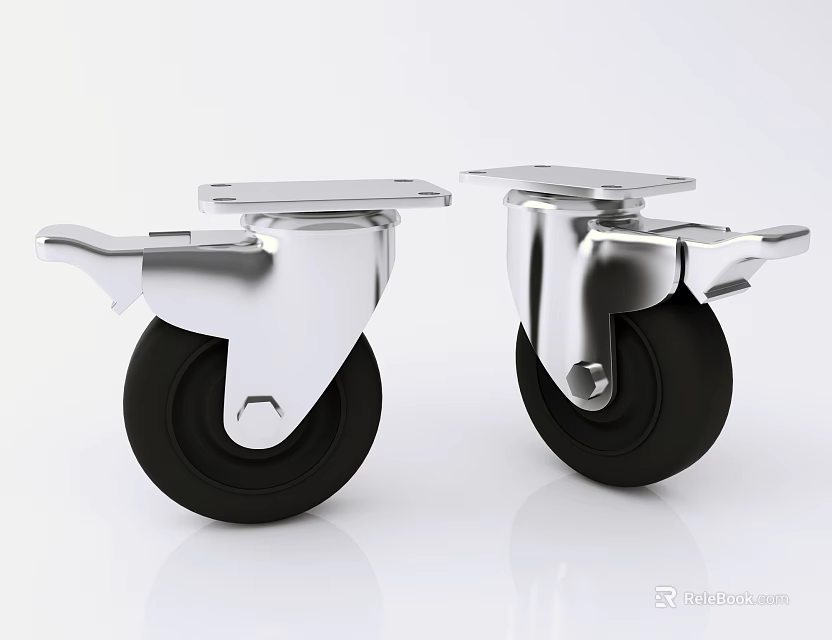 Modern Chrome Plated Swivel Caster Wheels with Black Rubber Tires and Brake 3d model 