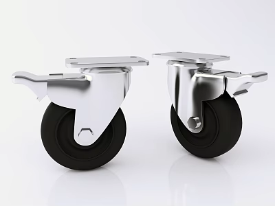 Modern Chrome Plated Swivel Caster Wheels with Black Rubber Tires and Brake 3d model