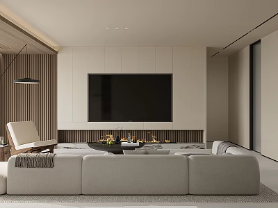 Modern Living Dining Room Design With Large TV Fireplace Light Sofa And Wooden Accents 3d model