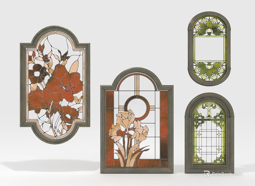 Artistic Stained Glass Windows With Floral Patterns And Various Decorative Designs 3d model 
