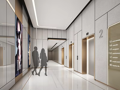 Modern Elevator Hallway with Sleek Floor Lighting Doors Wall Posters and People Walking 3d model