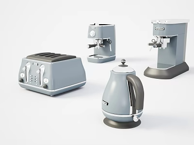 Stylish Retro Design Kitchen Appliances Including Toaster Coffee Maker and Kettle in Gray Tone 3d model