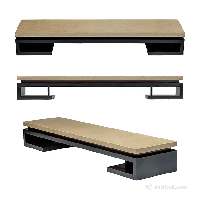 Modern Sofa Bench With Wooden Seat And Black Frame In Multiple Angles 3d model 