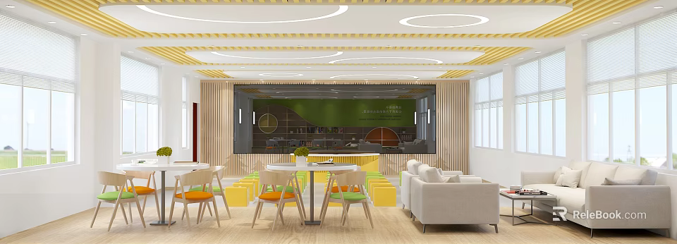School Lounge Area With Wooden Walls Green Backdrop Round Ceiling Lights And Colorful Seating 3d model 