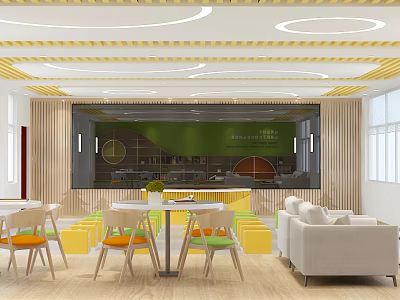 School Lounge Area With Wooden Walls Green Backdrop Round Ceiling Lights And Colorful Seating 3d model