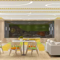 School Lounge Area With Wooden Walls Green Backdrop Round Ceiling Lights And Colorful Seating