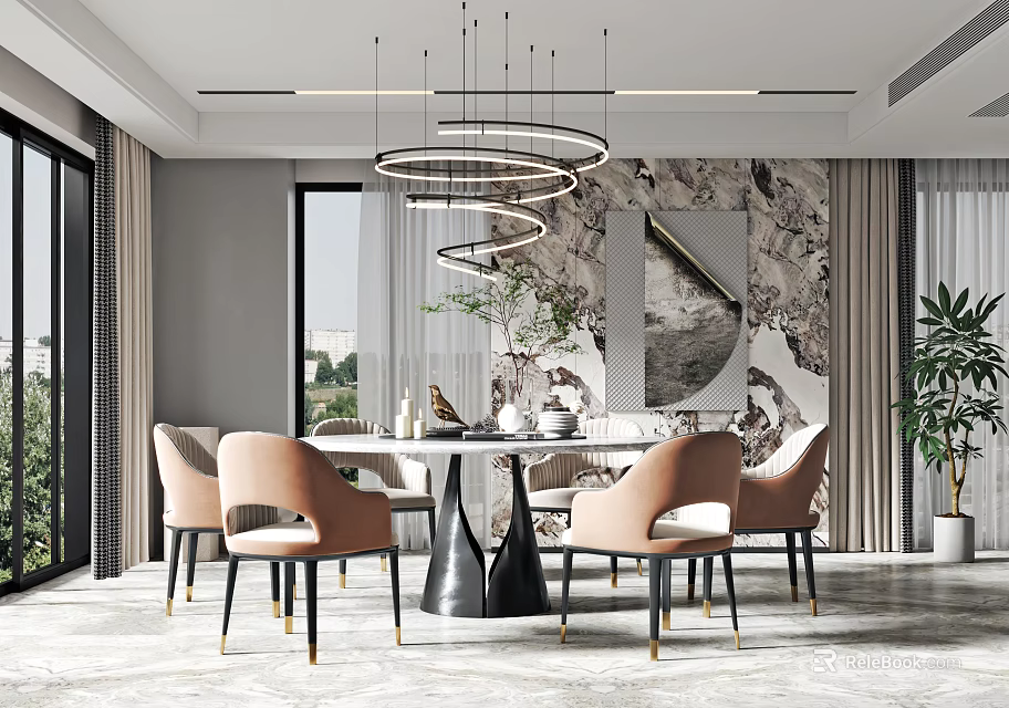 Elegant Modern Restaurant Interior With Hanging Chandeliers Dining Table And Marble Wall 3d model