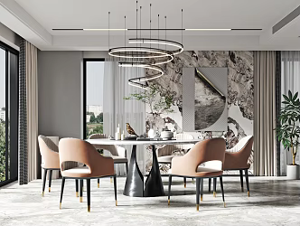 Light Luxury Restaurant Dining Table and Chair Chandelier Combination 3d model