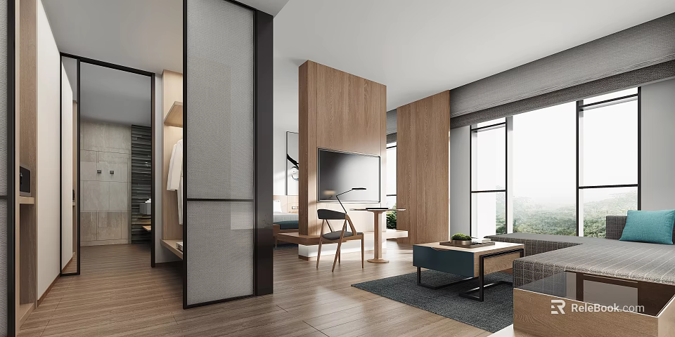 Modern Hotel Guest Room Interior With Wooden Elements Sofa Coffee Table And Large Window 3d model 
