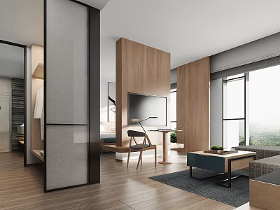 Modern Hotel Guest Room Interior With Wooden Elements Sofa Coffee Table And Large Window 3d model