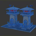 Industrial Style Silver Towers With Red Lights And Decorative Doors On Square Base