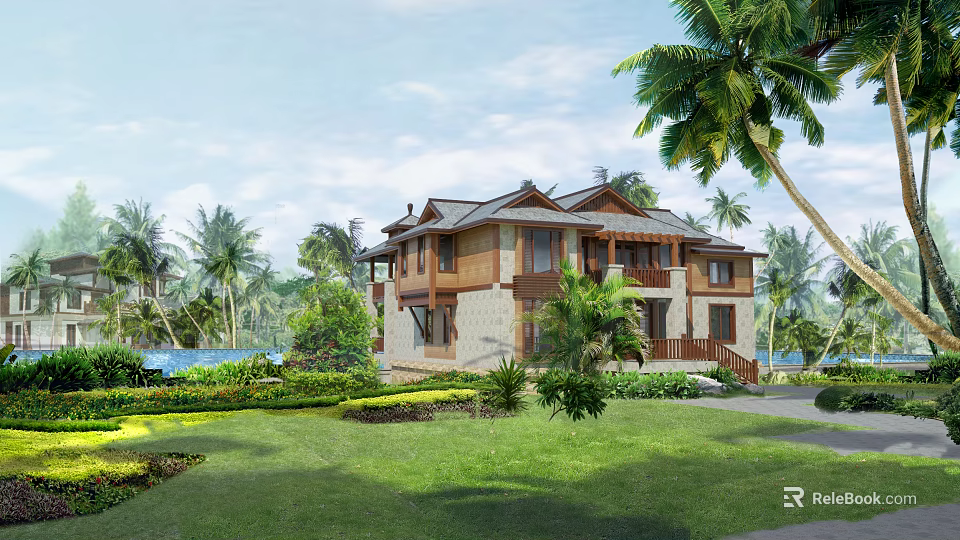 Luxury Detached Villa with Tropical Palm Trees Green Lawn Lush Garden and Swimming Pool 3d model 