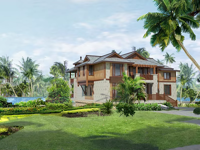 Luxury Detached Villa with Tropical Palm Trees Green Lawn Lush Garden and Swimming Pool 3d model