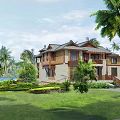 Luxury Detached Villa with Tropical Palm Trees Green Lawn Lush Garden and Swimming Pool