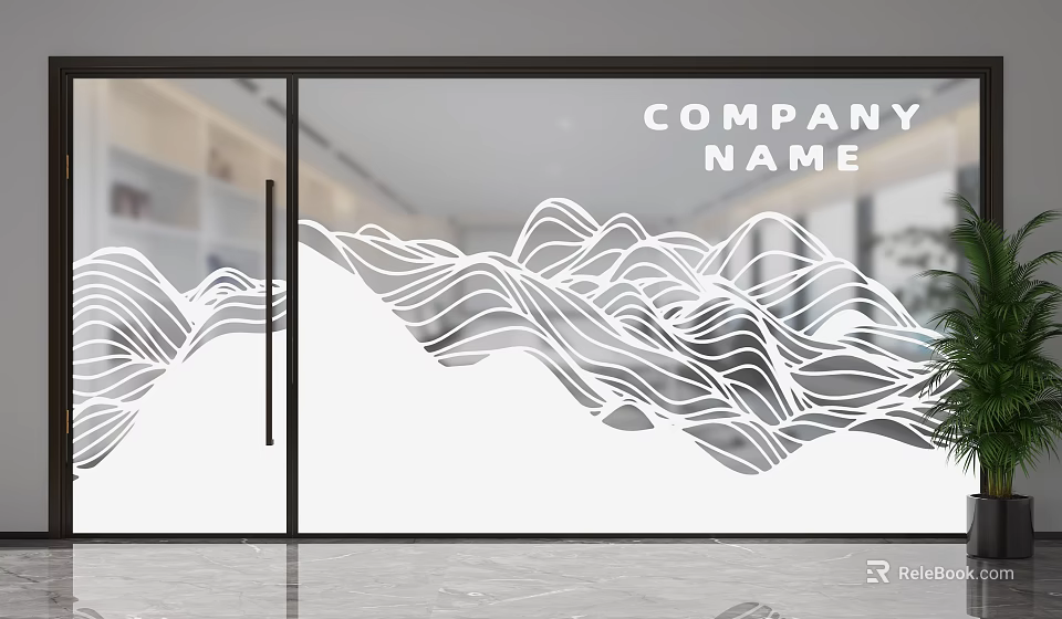 Modern Glass Partition With Wavy Line Pattern For Office Interior Decoration Design 3d model 