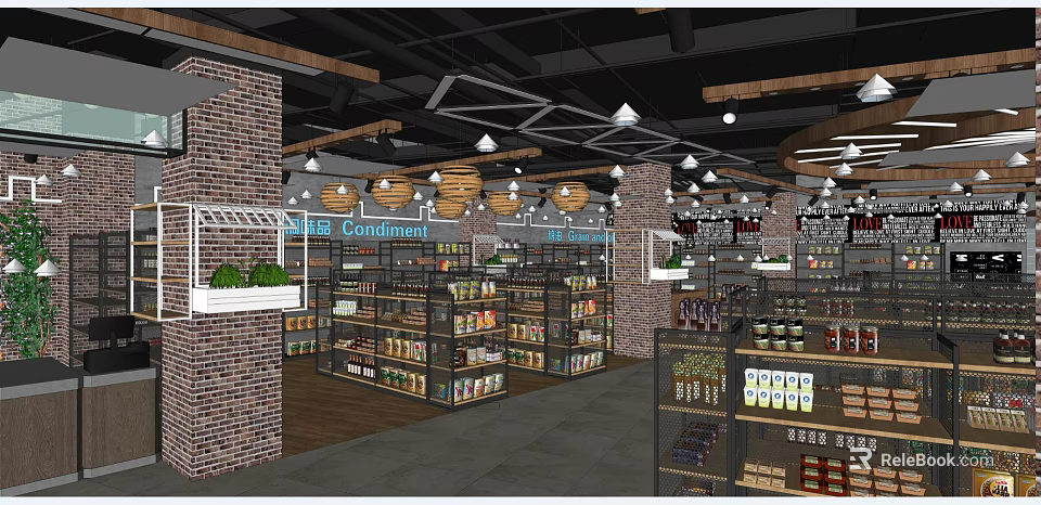 Spacious Supermarket Department Store With Brick Walls Wooden Ceiling Hanging Lights And Well Stocked Shelves 3d model 