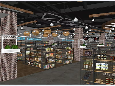 Spacious Supermarket Department Store With Brick Walls Wooden Ceiling Hanging Lights And Well Stocked Shelves 3d model