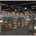 Spacious Supermarket Department Store With Brick Walls Wooden Ceiling Hanging Lights And Well Stocked Shelves