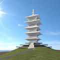 White Layered Tower Structure Standing On Green Hillside Under Blue Sky With Bright Sunshine